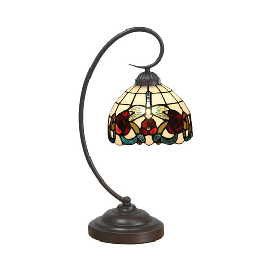 1 Bulb Dome Shaped Night Table Light Tiffany Dark Coffee Stained Glass Nightstand Lamp with Butterfly and Flower Pattern Clearhalo 'Desk Lamps' 'Lamps' Lighting' 894029