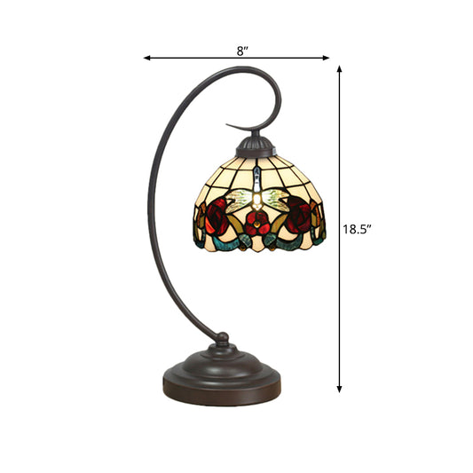 1 Bulb Dome Shaped Night Table Light Tiffany Dark Coffee Stained Glass Nightstand Lamp with Butterfly and Flower Pattern Clearhalo 'Desk Lamps' 'Lamps' Lighting' 894030