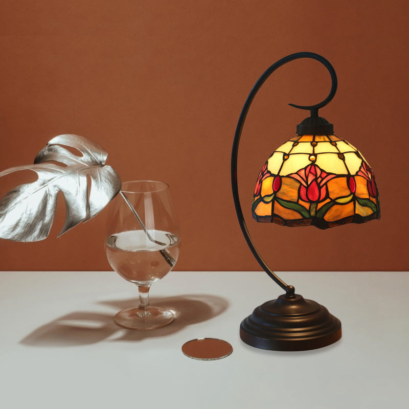 1-Bulb Domed Table Lighting Baroque Red/Pink/Brown Cut Glass Rose/Tulip Patterned Nightstand Lamp with Curvy Arm Clearhalo 'Desk Lamps' 'Lamps' Lighting' 894032