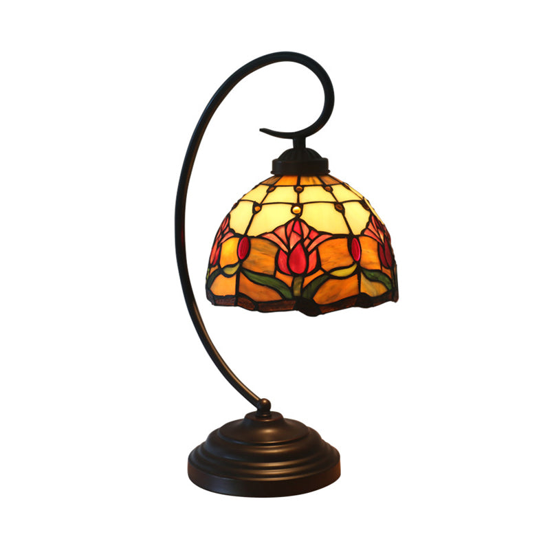 1-Bulb Domed Table Lighting Baroque Red/Pink/Brown Cut Glass Rose/Tulip Patterned Nightstand Lamp with Curvy Arm Clearhalo 'Desk Lamps' 'Lamps' Lighting' 894033