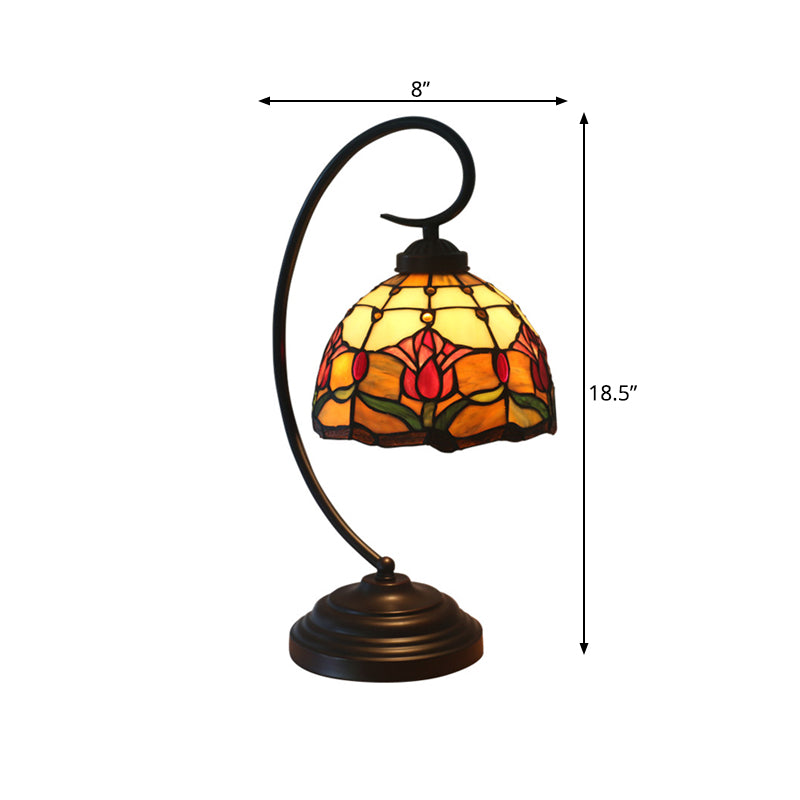 1-Bulb Domed Table Lighting Baroque Red/Pink/Brown Cut Glass Rose/Tulip Patterned Nightstand Lamp with Curvy Arm Clearhalo 'Desk Lamps' 'Lamps' Lighting' 894034