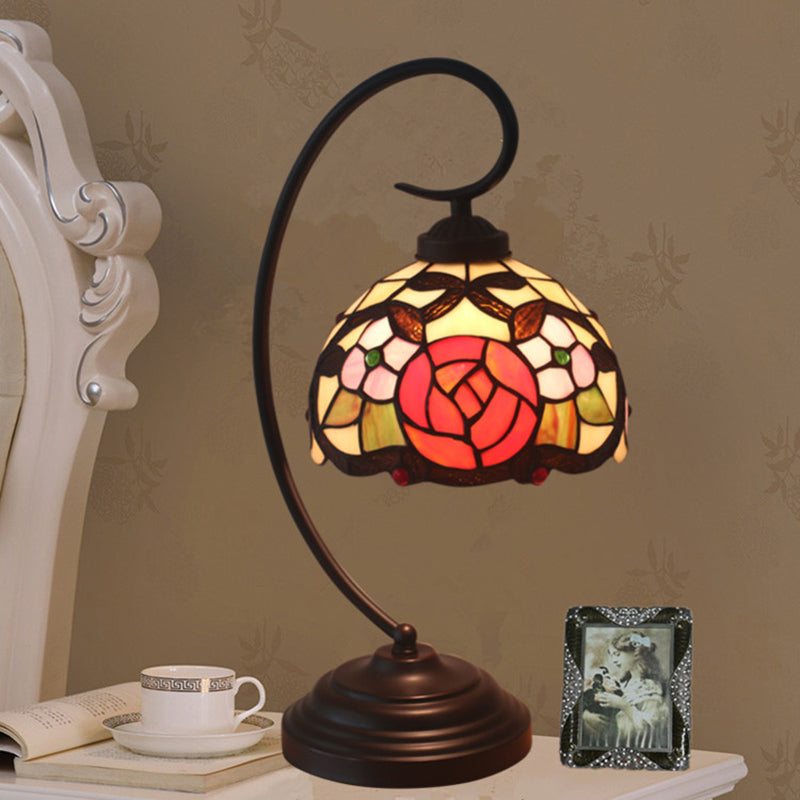 1-Bulb Domed Table Lighting Baroque Red/Pink/Brown Cut Glass Rose/Tulip Patterned Nightstand Lamp with Curvy Arm Pink Clearhalo 'Desk Lamps' 'Lamps' Lighting' 894035