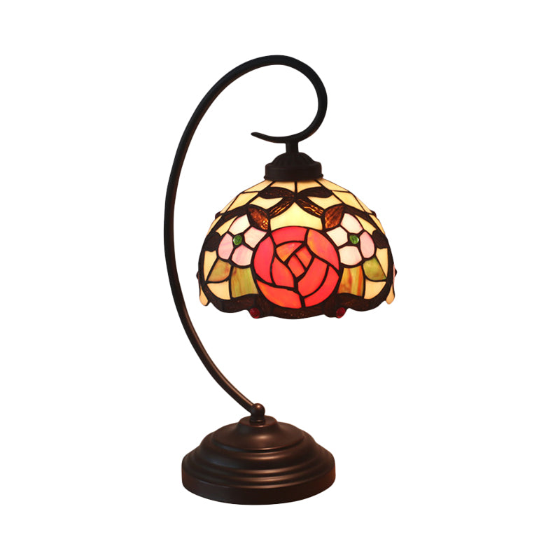 1-Bulb Domed Table Lighting Baroque Red/Pink/Brown Cut Glass Rose/Tulip Patterned Nightstand Lamp with Curvy Arm Clearhalo 'Desk Lamps' 'Lamps' Lighting' 894038