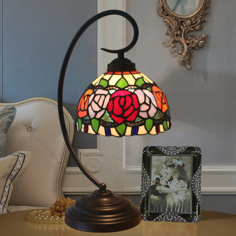 1-Bulb Domed Table Lighting Baroque Red/Pink/Brown Cut Glass Rose/Tulip Patterned Nightstand Lamp with Curvy Arm Blue Clearhalo 'Desk Lamps' 'Lamps' Lighting' 894039