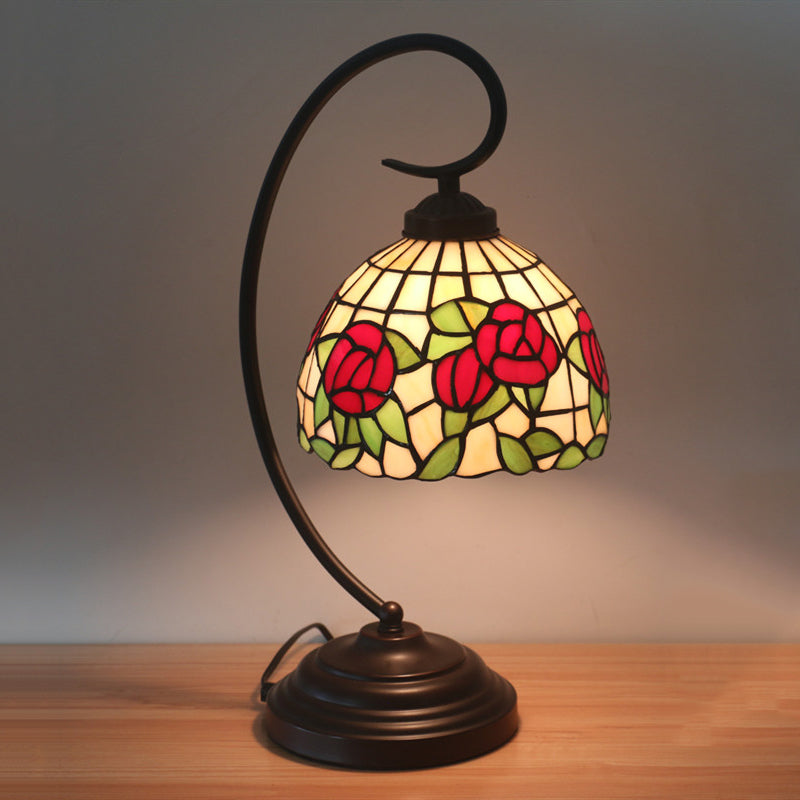1-Bulb Domed Table Lighting Baroque Red/Pink/Brown Cut Glass Rose/Tulip Patterned Nightstand Lamp with Curvy Arm Red Clearhalo 'Desk Lamps' 'Lamps' Lighting' 894043