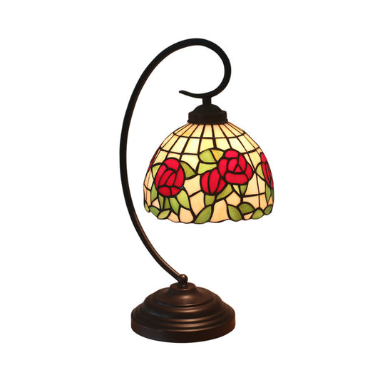 1-Bulb Domed Table Lighting Baroque Red/Pink/Brown Cut Glass Rose/Tulip Patterned Nightstand Lamp with Curvy Arm Clearhalo 'Desk Lamps' 'Lamps' Lighting' 894046