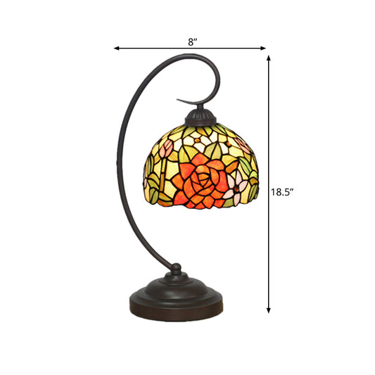 Dome Shade Table Light Victorian Hand Cut Glass 1 Light Red/Orange Nightstand Lighting with Rose Pattern