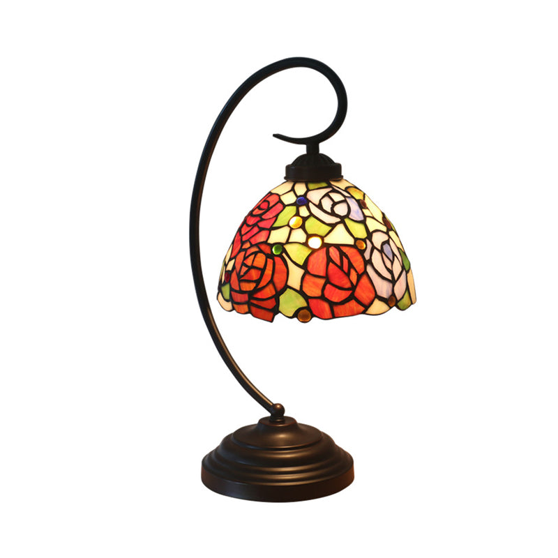 Dome Shade Table Light Victorian Hand Cut Glass 1 Light Red/Orange Nightstand Lighting with Rose Pattern Clearhalo 'Desk Lamps' 'Lamps' Lighting' 894054