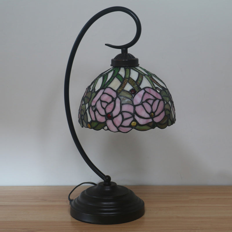 Dome Shape Cut Glass Table Lamp Tiffany 1-Bulb Black/White Finish Rose Patterned Night Lighting Clearhalo 'Desk Lamps' 'Lamps' Lighting' 894060