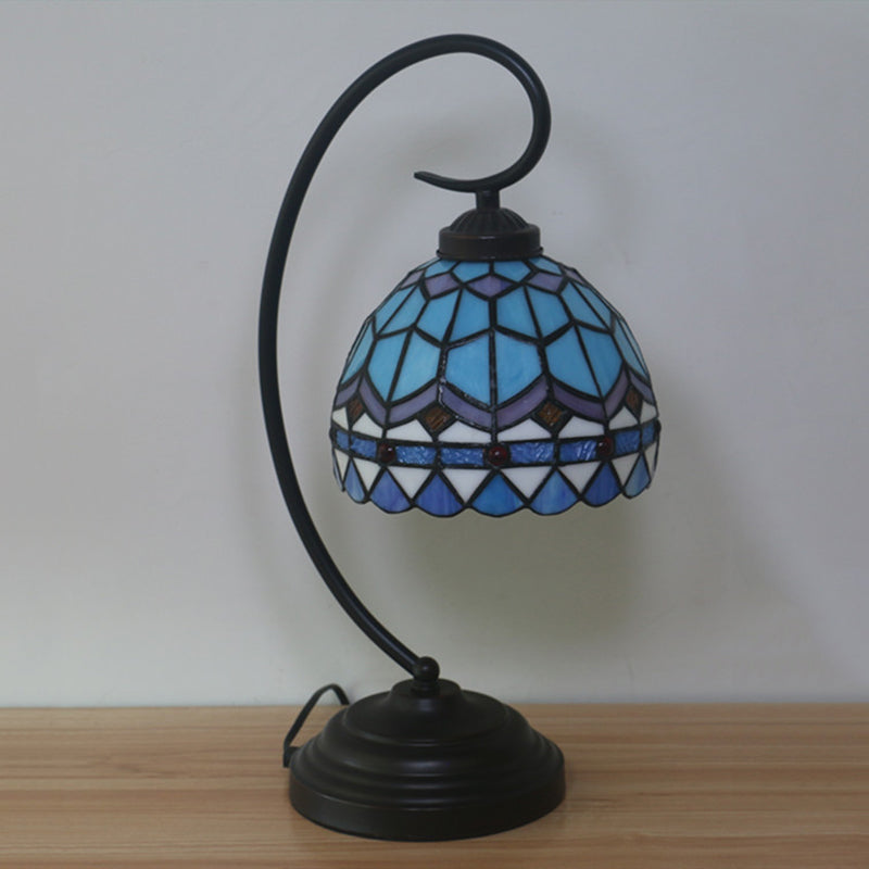 Yellow/Blue Domed Nightstand Lamp Tiffany Style 1-Light Stained Art Glass Task Lighting with Curvy Arm Clearhalo 'Desk Lamps' 'Lamps' Lighting' 894064