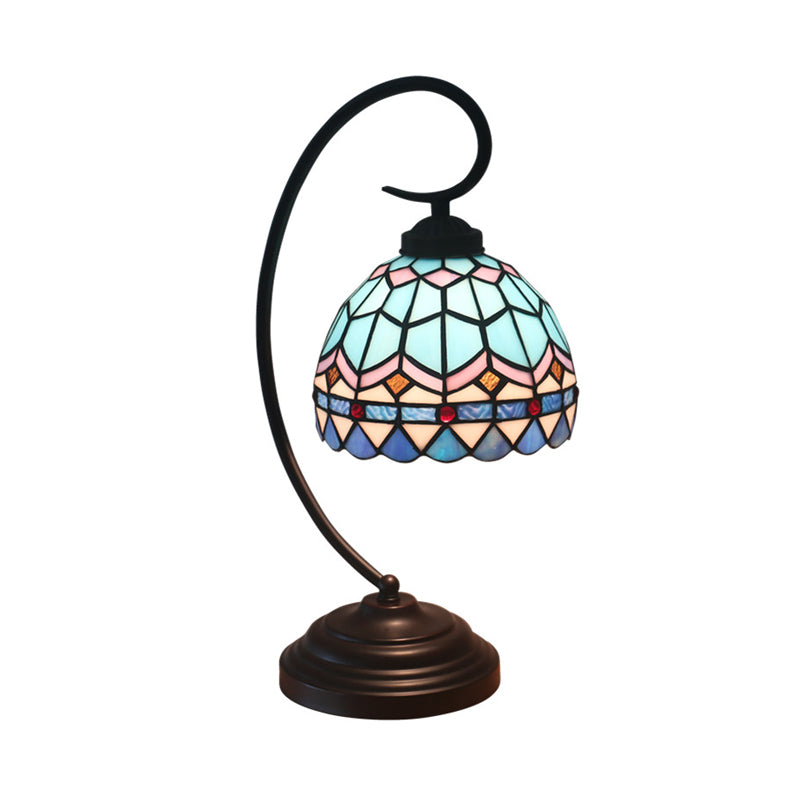 Yellow/Blue Domed Nightstand Lamp Tiffany Style 1-Light Stained Art Glass Task Lighting with Curvy Arm Clearhalo 'Desk Lamps' 'Lamps' Lighting' 894065