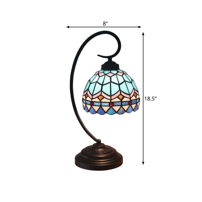 Yellow/Blue Domed Nightstand Lamp Tiffany Style 1-Light Stained Art Glass Task Lighting with Curvy Arm Clearhalo 'Desk Lamps' 'Lamps' Lighting' 894066