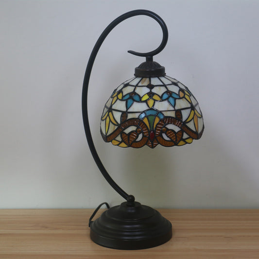 Yellow/Blue Domed Nightstand Lamp Tiffany Style 1-Light Stained Art Glass Task Lighting with Curvy Arm Clearhalo 'Desk Lamps' 'Lamps' Lighting' 894068