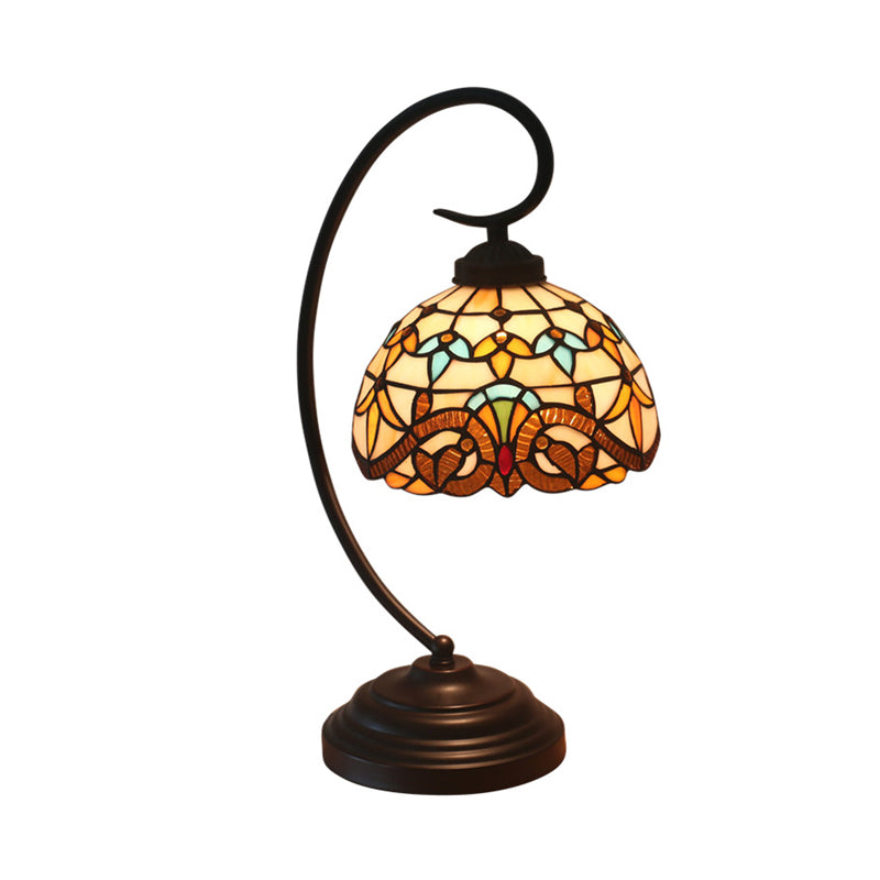 Yellow/Blue Domed Nightstand Lamp Tiffany Style 1-Light Stained Art Glass Task Lighting with Curvy Arm Clearhalo 'Desk Lamps' 'Lamps' Lighting' 894070