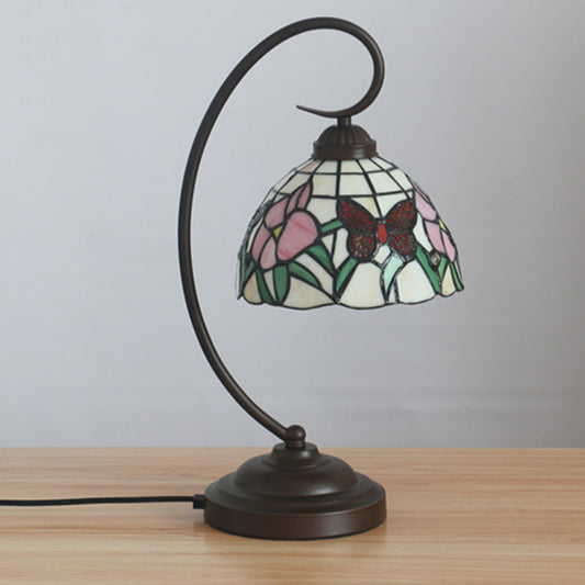 Victorian Bowl Nightstand Lighting 1 Light Stained Glass Pink/Purple Flower Patterned Task Light with Swirl Arm Pink Clearhalo 'Desk Lamps' 'Lamps' Lighting' 894071