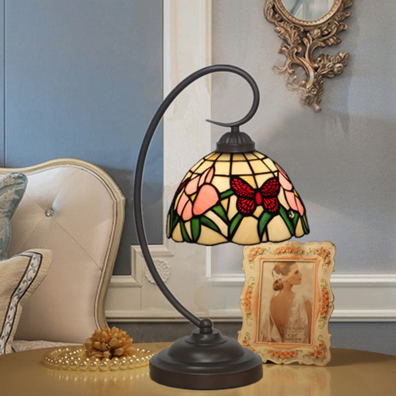 Victorian Bowl Nightstand Lighting 1 Light Stained Glass Pink/Purple Flower Patterned Task Light with Swirl Arm Clearhalo 'Desk Lamps' 'Lamps' Lighting' 894072