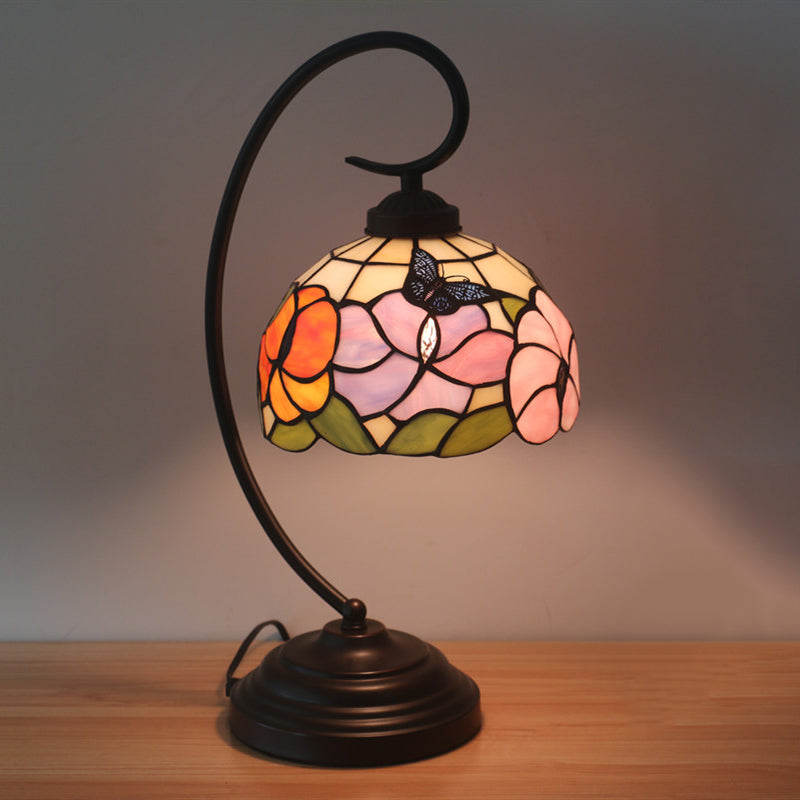 Victorian Bowl Nightstand Lighting 1 Light Stained Glass Pink/Purple Flower Patterned Task Light with Swirl Arm Purple Clearhalo 'Desk Lamps' 'Lamps' Lighting' 894075