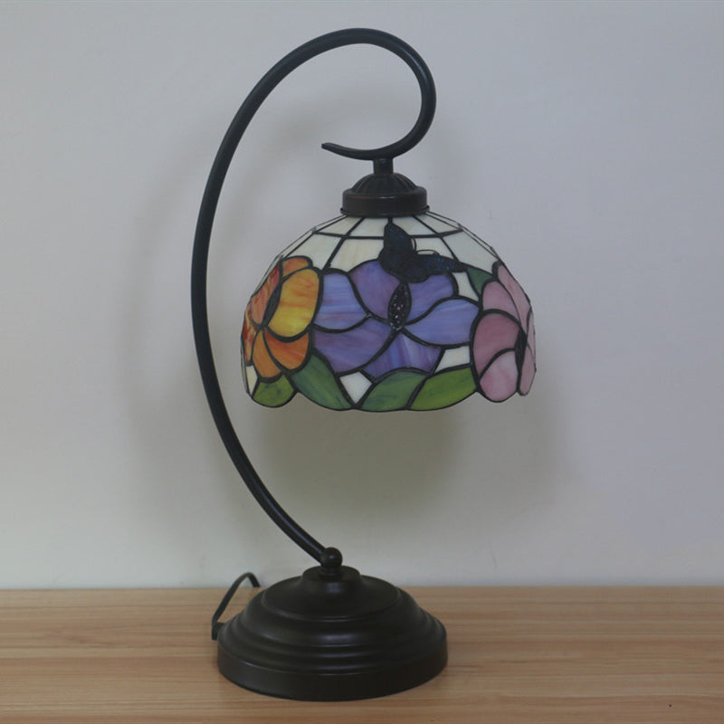 Victorian Bowl Nightstand Lighting 1 Light Stained Glass Pink/Purple Flower Patterned Task Light with Swirl Arm Clearhalo 'Desk Lamps' 'Lamps' Lighting' 894076