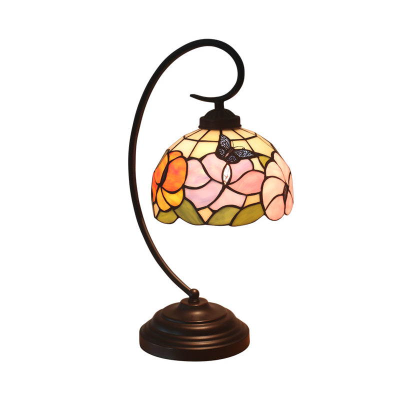 Victorian Bowl Nightstand Lighting 1 Light Stained Glass Pink/Purple Flower Patterned Task Light with Swirl Arm Clearhalo 'Desk Lamps' 'Lamps' Lighting' 894078