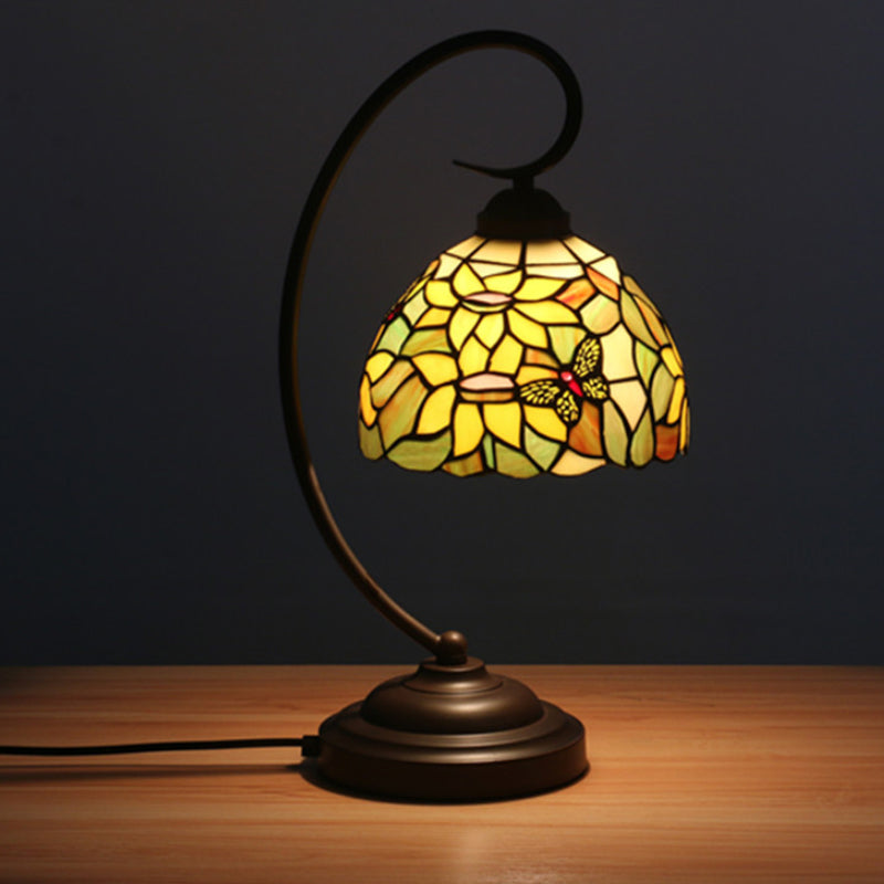 Red/Yellow 1 Light Night Table Lamp Tiffany Hand Cut Glass Domed Blossom Patterned Desk Lighting for Bedroom Clearhalo 'Desk Lamps' 'Lamps' Lighting' 894080