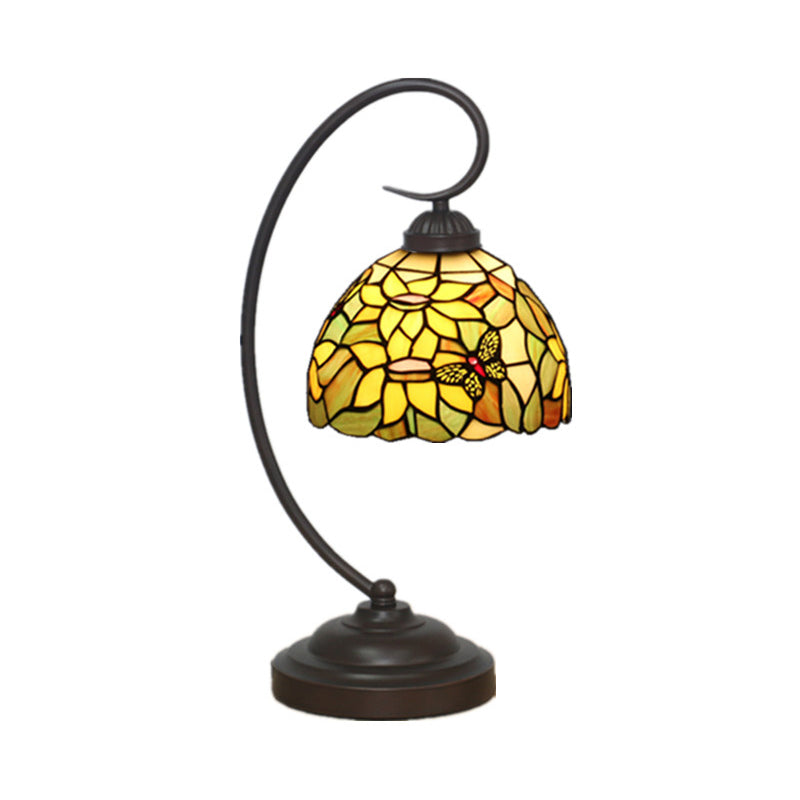 Red/Yellow 1 Light Night Table Lamp Tiffany Hand Cut Glass Domed Blossom Patterned Desk Lighting for Bedroom Clearhalo 'Desk Lamps' 'Lamps' Lighting' 894081