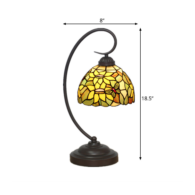 Red/Yellow 1 Light Night Table Lamp Tiffany Hand Cut Glass Domed Blossom Patterned Desk Lighting for Bedroom Clearhalo 'Desk Lamps' 'Lamps' Lighting' 894082