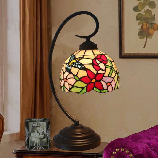 Red/Yellow 1 Light Night Table Lamp Tiffany Hand Cut Glass Domed Blossom Patterned Desk Lighting for Bedroom Red Clearhalo 'Desk Lamps' 'Lamps' Lighting' 894083