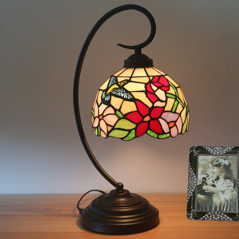 Red/Yellow 1 Light Night Table Lamp Tiffany Hand Cut Glass Domed Blossom Patterned Desk Lighting for Bedroom Clearhalo 'Desk Lamps' 'Lamps' Lighting' 894084
