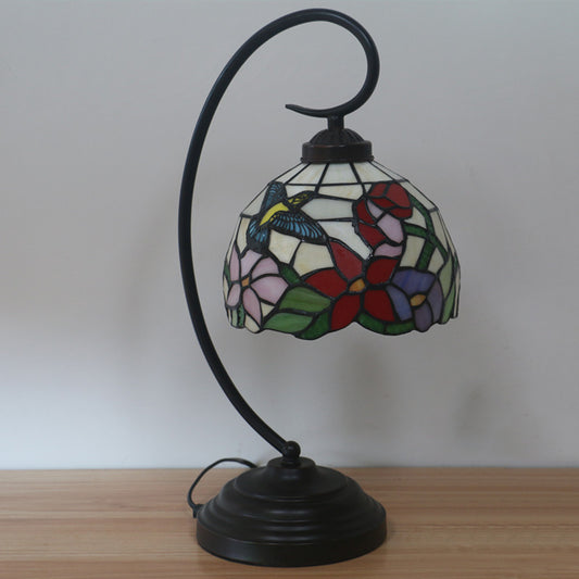 Red/Yellow 1 Light Night Table Lamp Tiffany Hand Cut Glass Domed Blossom Patterned Desk Lighting for Bedroom Clearhalo 'Desk Lamps' 'Lamps' Lighting' 894085