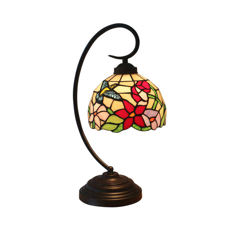 Red/Yellow 1 Light Night Table Lamp Tiffany Hand Cut Glass Domed Blossom Patterned Desk Lighting for Bedroom Clearhalo 'Desk Lamps' 'Lamps' Lighting' 894086