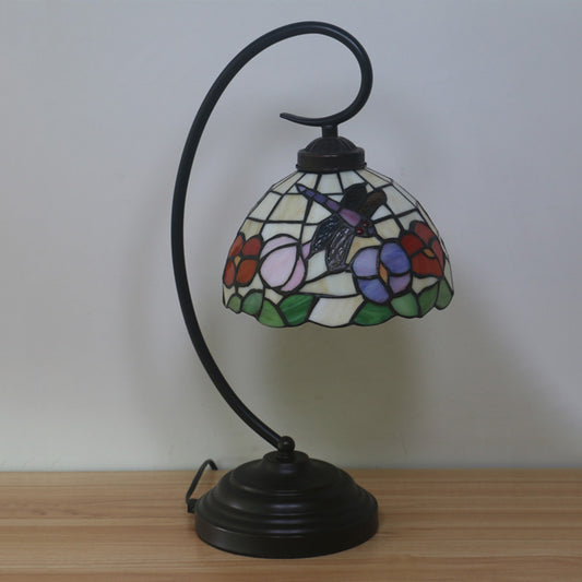 Domed Night Table Lighting Mediterranean Cut Glass 1 Head Dark Coffee Dragonfly and Flower Patterned Desk Light