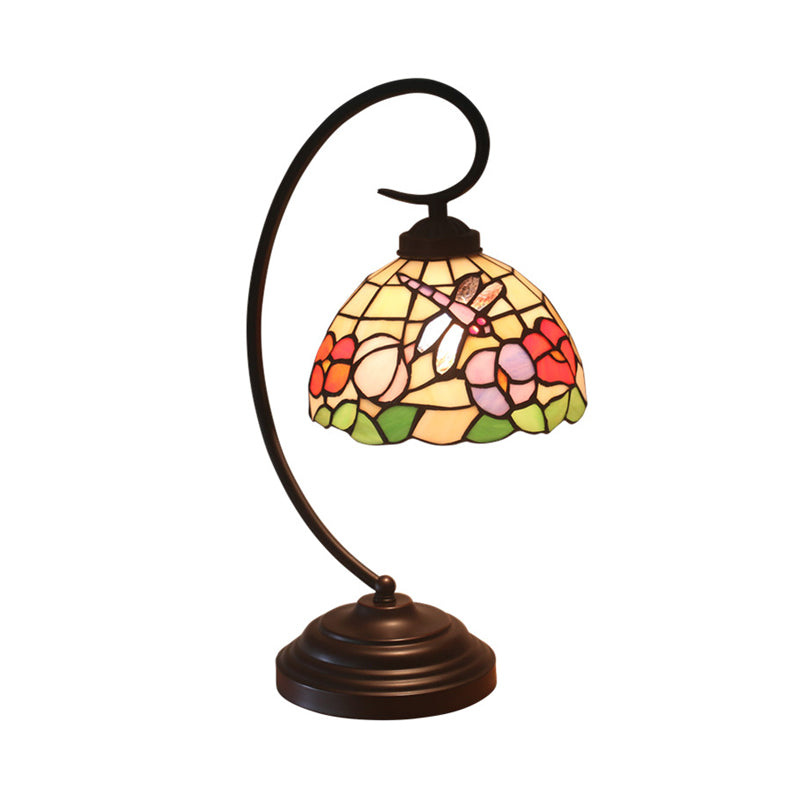 Domed Night Table Lighting Mediterranean Cut Glass 1 Head Dark Coffee Dragonfly and Flower Patterned Desk Light Clearhalo 'Desk Lamps' 'Lamps' Lighting' 894089