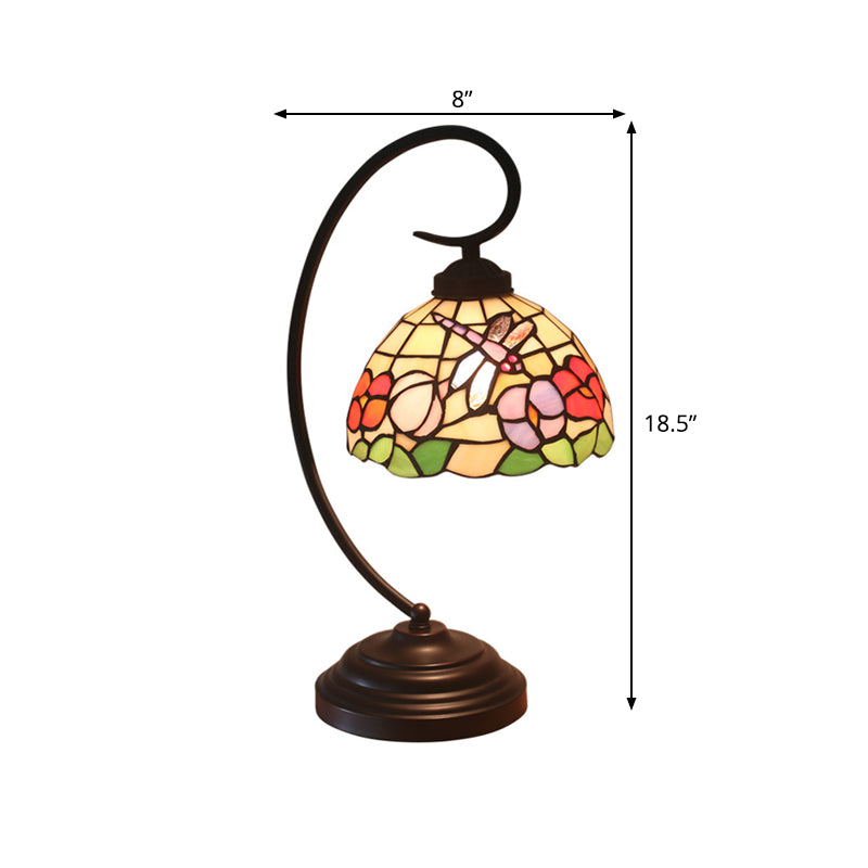 Domed Night Table Lighting Mediterranean Cut Glass 1 Head Dark Coffee Dragonfly and Flower Patterned Desk Light Clearhalo 'Desk Lamps' 'Lamps' Lighting' 894090