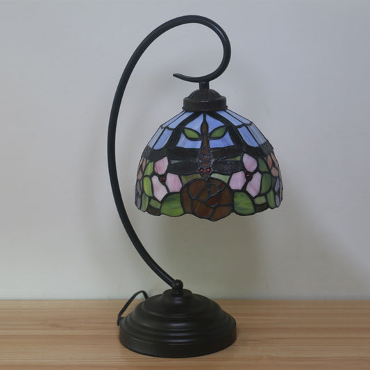 Stained Glass Dome Shade Desk Lamp Tiffany Style 1 Head Beige/Blue Dragonfly Patterned Table Lighting with Swirl Arm Blue Clearhalo 'Desk Lamps' 'Lamps' Lighting' 894091
