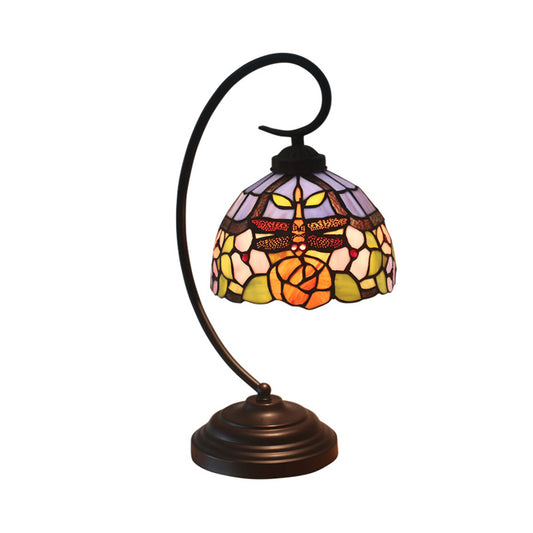 Stained Glass Dome Shade Desk Lamp Tiffany Style 1 Head Beige/Blue Dragonfly Patterned Table Lighting with Swirl Arm Clearhalo 'Desk Lamps' 'Lamps' Lighting' 894093