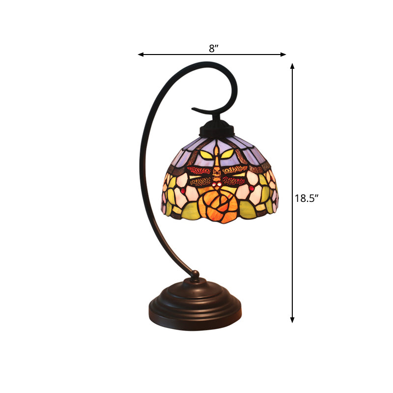 Stained Glass Dome Shade Desk Lamp Tiffany Style 1 Head Beige/Blue Dragonfly Patterned Table Lighting with Swirl Arm Clearhalo 'Desk Lamps' 'Lamps' Lighting' 894094