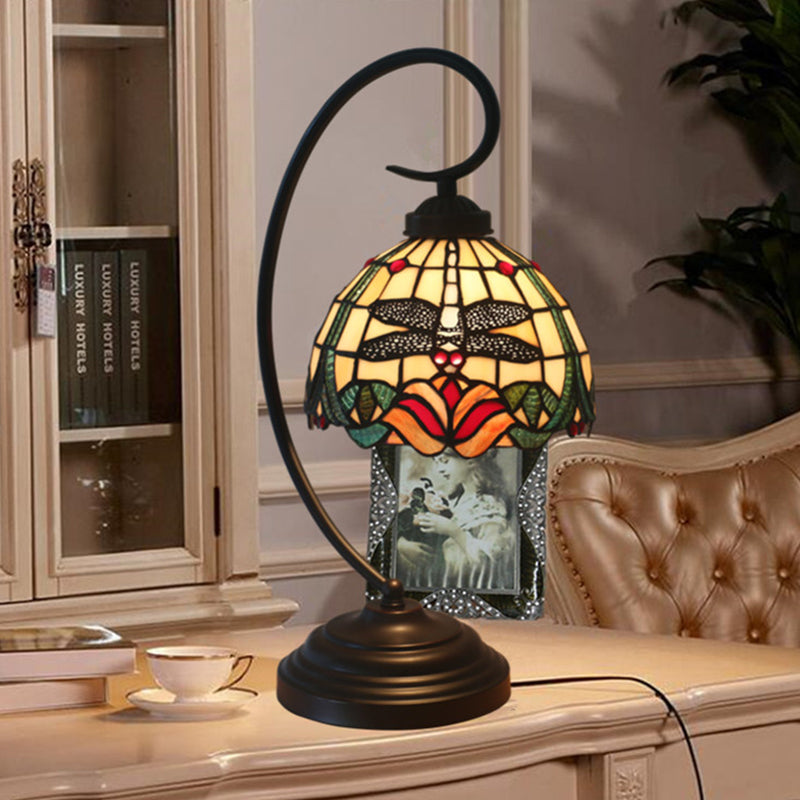 Stained Glass Dome Shade Desk Lamp Tiffany Style 1 Head Beige/Blue Dragonfly Patterned Table Lighting with Swirl Arm Beige Clearhalo 'Desk Lamps' 'Lamps' Lighting' 894095