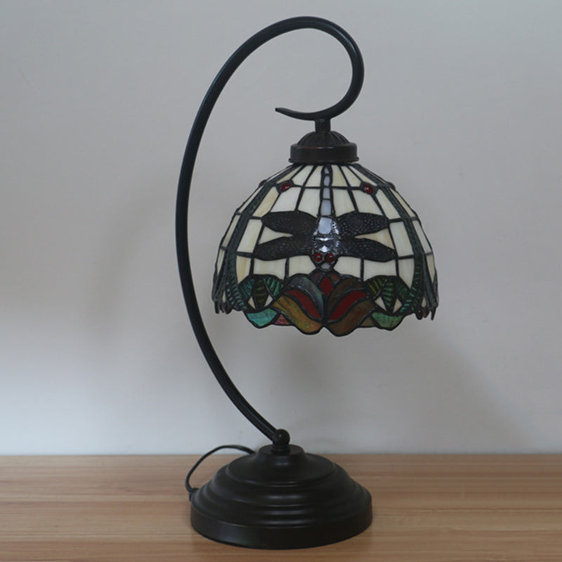 Stained Glass Dome Shade Desk Lamp Tiffany Style 1 Head Beige/Blue Dragonfly Patterned Table Lighting with Swirl Arm Clearhalo 'Desk Lamps' 'Lamps' Lighting' 894096