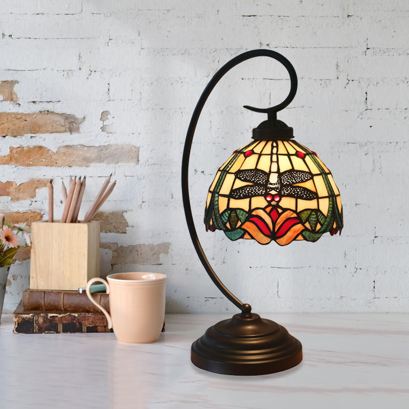 Stained Glass Dome Shade Desk Lamp Tiffany Style 1 Head Beige/Blue Dragonfly Patterned Table Lighting with Swirl Arm Clearhalo 'Desk Lamps' 'Lamps' Lighting' 894097