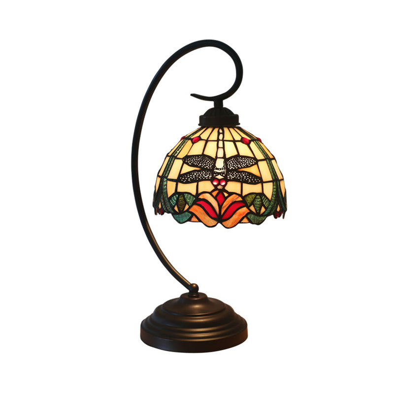 Stained Glass Dome Shade Desk Lamp Tiffany Style 1 Head Beige/Blue Dragonfly Patterned Table Lighting with Swirl Arm Clearhalo 'Desk Lamps' 'Lamps' Lighting' 894098