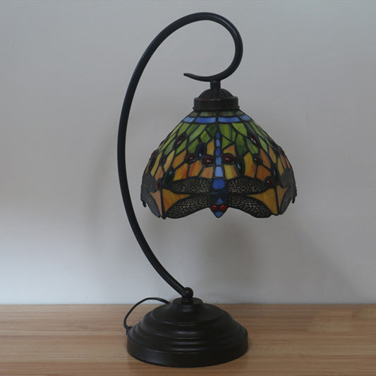 Dragonfly Cut Glass Desk Lighting Victorian 1 Light Orange/Green Night Lamp with Curved Arm for Bedroom