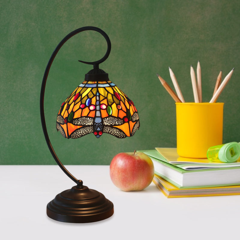 Dragonfly Cut Glass Desk Lighting Victorian 1 Light Orange/Green Night Lamp with Curved Arm for Bedroom Clearhalo 'Desk Lamps' 'Lamps' Lighting' 894100