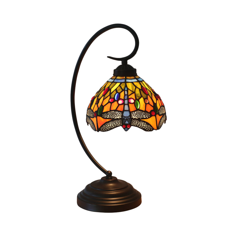 Dragonfly Cut Glass Desk Lighting Victorian 1 Light Orange/Green Night Lamp with Curved Arm for Bedroom Clearhalo 'Desk Lamps' 'Lamps' Lighting' 894101