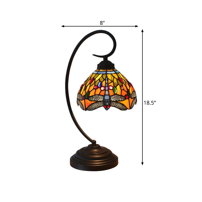 Dragonfly Cut Glass Desk Lighting Victorian 1 Light Orange/Green Night Lamp with Curved Arm for Bedroom Clearhalo 'Desk Lamps' 'Lamps' Lighting' 894102