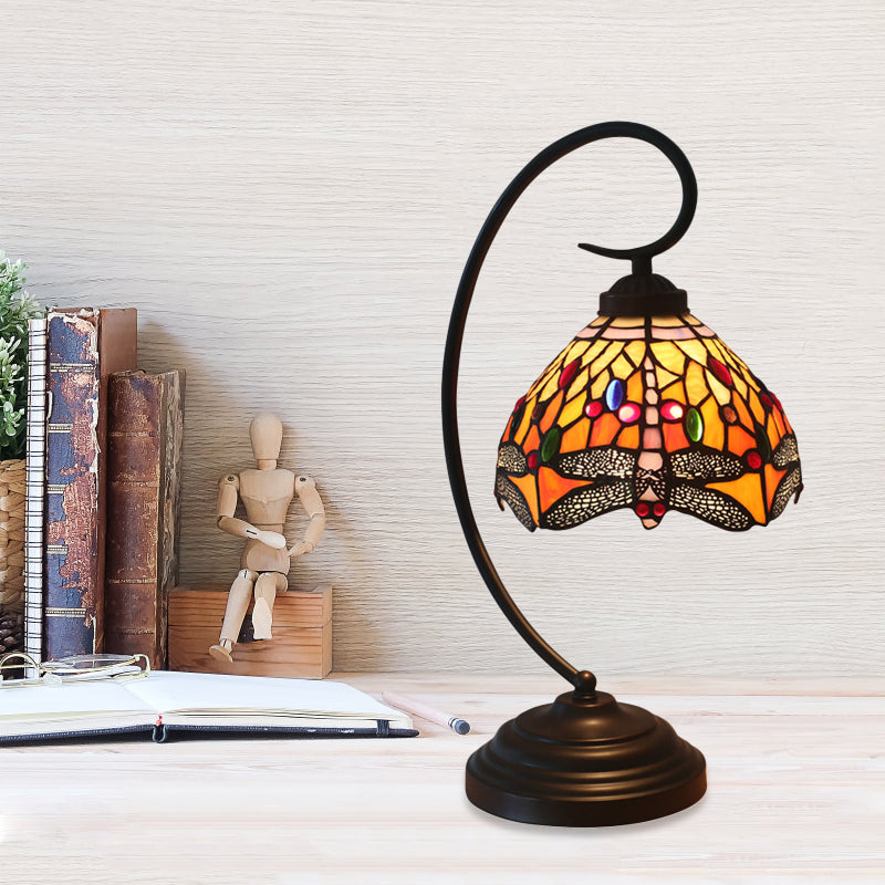 Dragonfly Cut Glass Desk Lighting Victorian 1 Light Orange/Green Night Lamp with Curved Arm for Bedroom Clearhalo 'Desk Lamps' 'Lamps' Lighting' 894104