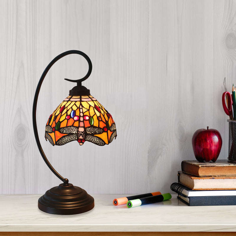 Dragonfly Cut Glass Desk Lighting Victorian 1 Light Orange/Green Night Lamp with Curved Arm for Bedroom Clearhalo 'Desk Lamps' 'Lamps' Lighting' 894105