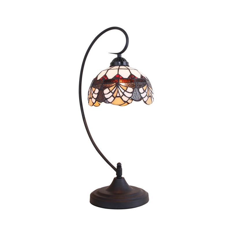 Dome Shade Hand Cut Glass Table Light Victorian 1-Light Black Finish Nightstand Lamp with Curved Arm Clearhalo 'Lamps' 'Table Lamps' Lighting' 894137