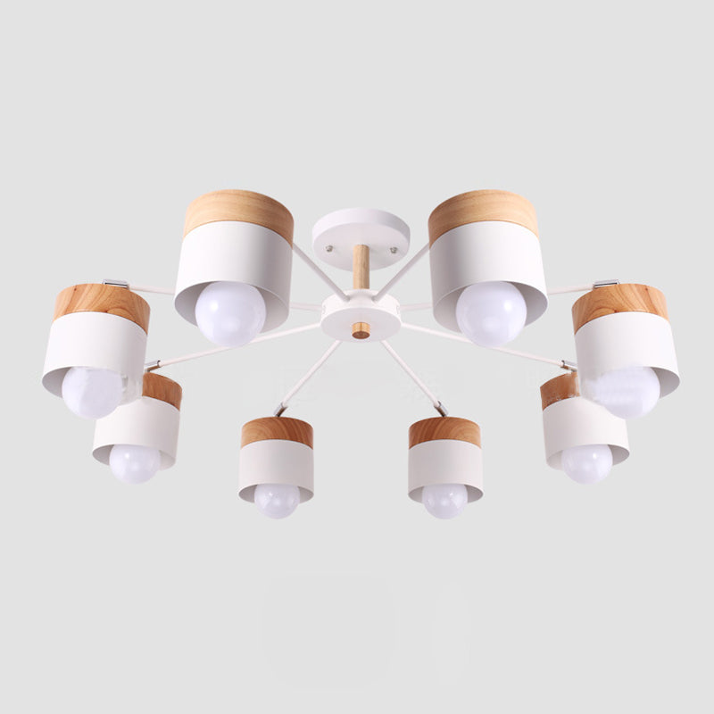 8 Light Cylinder Semi Flush Chandelier Modern Stylish White Metal and Wood Ceiling Light Fixture White Clearhalo 'Ceiling Lights' 'Close To Ceiling Lights' 'Close to ceiling' 'Semi-flushmount' Lighting' 89414