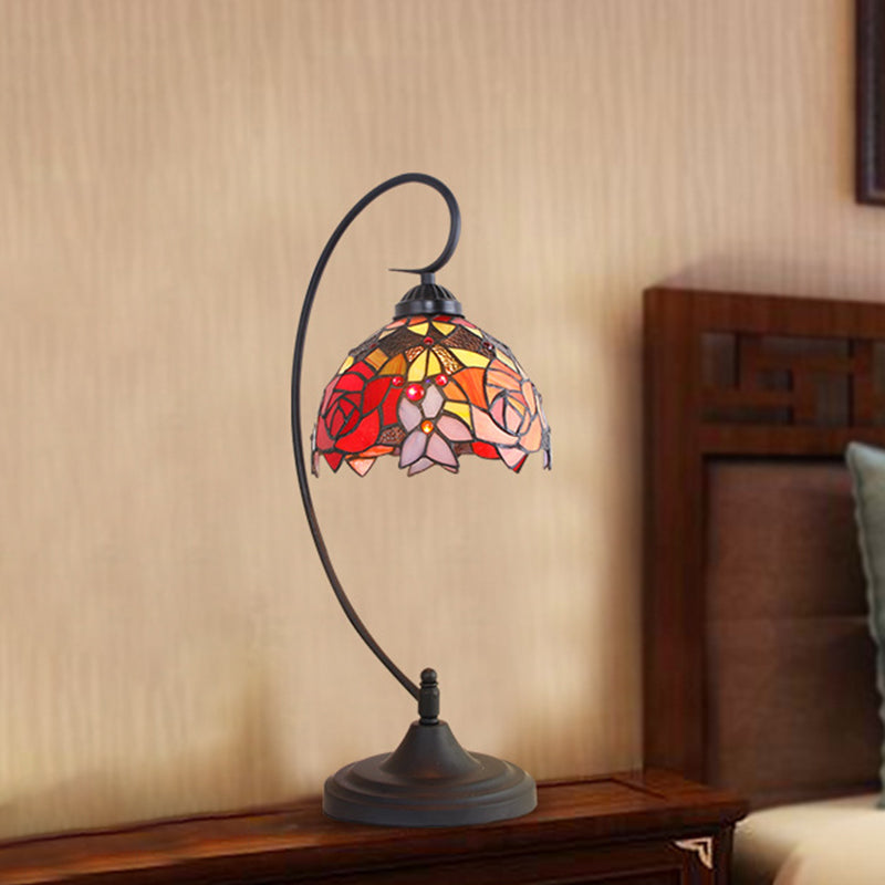Domed Nightstand Lighting 1 Head Hand Cut Glass Mediterranean Petal Patterned Table Lamp in Black for Bedside Clearhalo 'Lamps' 'Table Lamps' Lighting' 894144