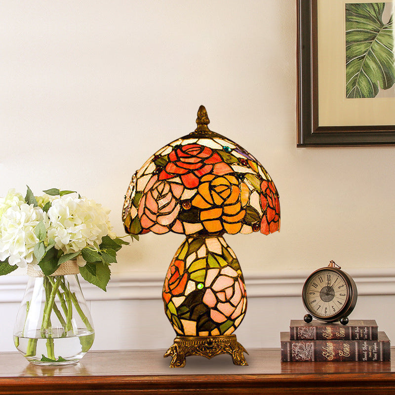 Victorian Vase Night Table Light 1-Head Stained Glass Floral Patterned Nightstand Lamp in Coffee with Bowl Shade Clearhalo 'Lamps' 'Table Lamps' Lighting' 894184